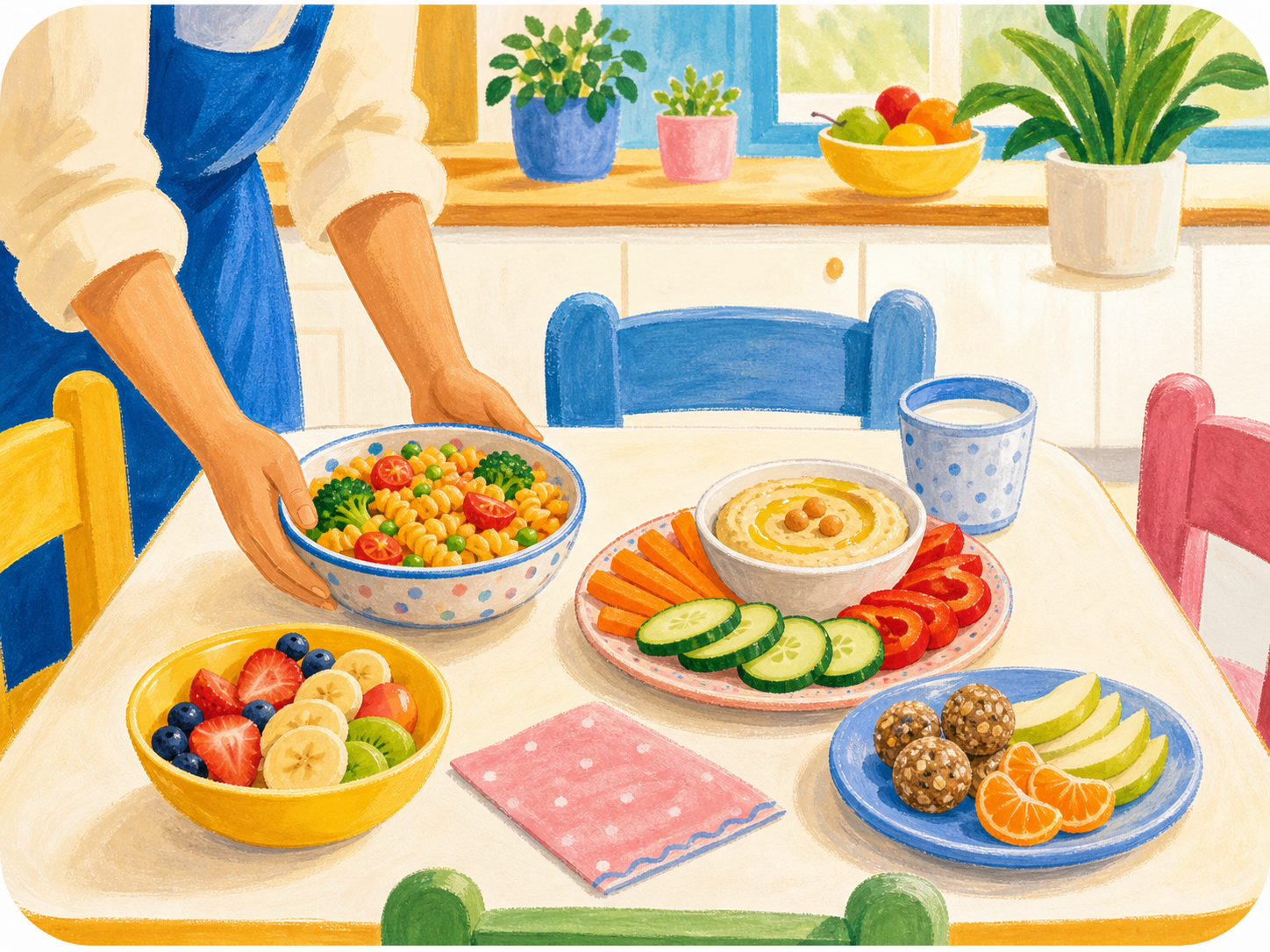 Fresh vegetarian daycare meal with vegetables, fruit, hummus, and milk