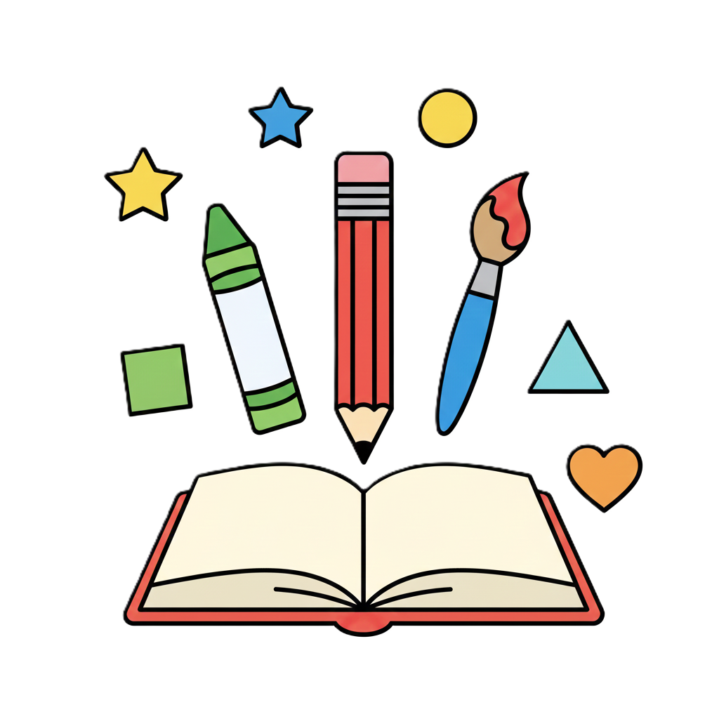 A bright illustration of a book and art supplies