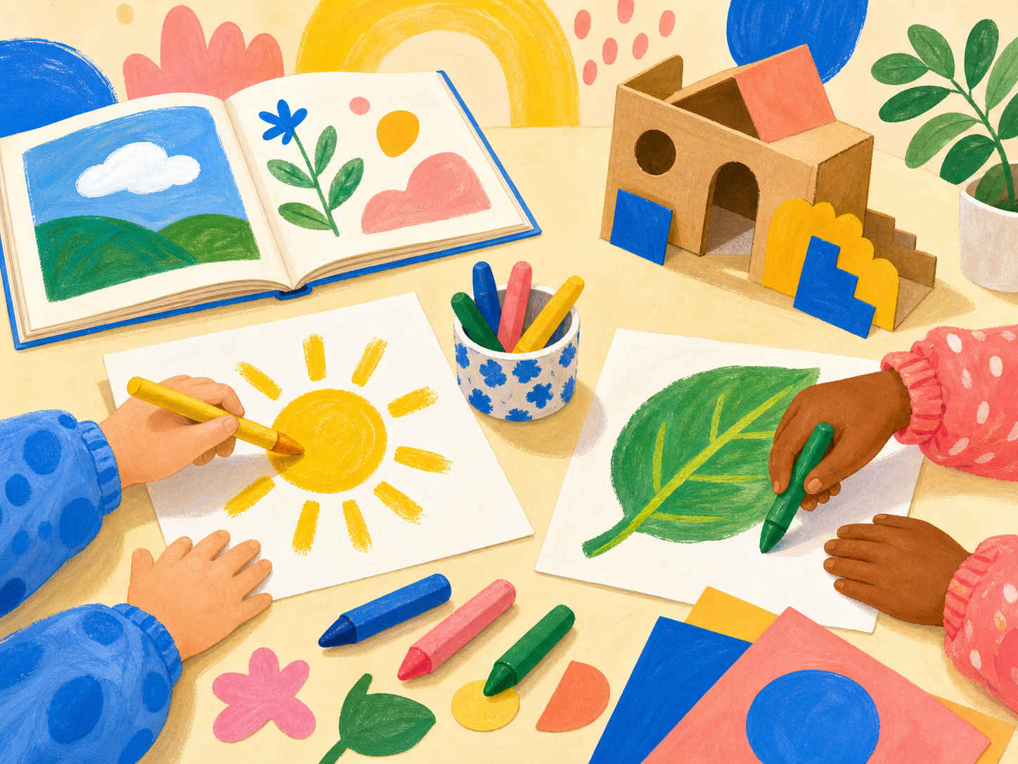 Children's hands drawing, reading, and building with colorful materials
