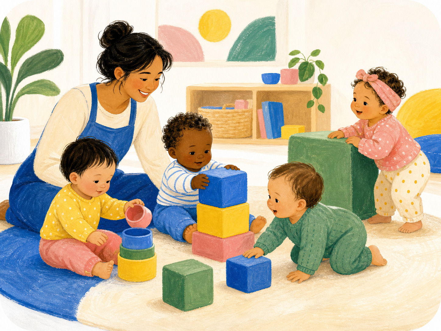 Young children exploring soft blocks and nesting cups with a caregiver