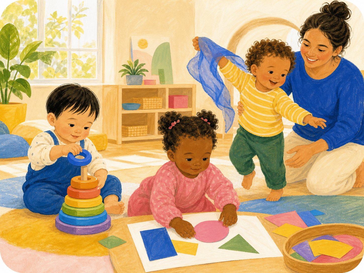 Toddlers making art and moving with colorful scarves alongside a caregiver