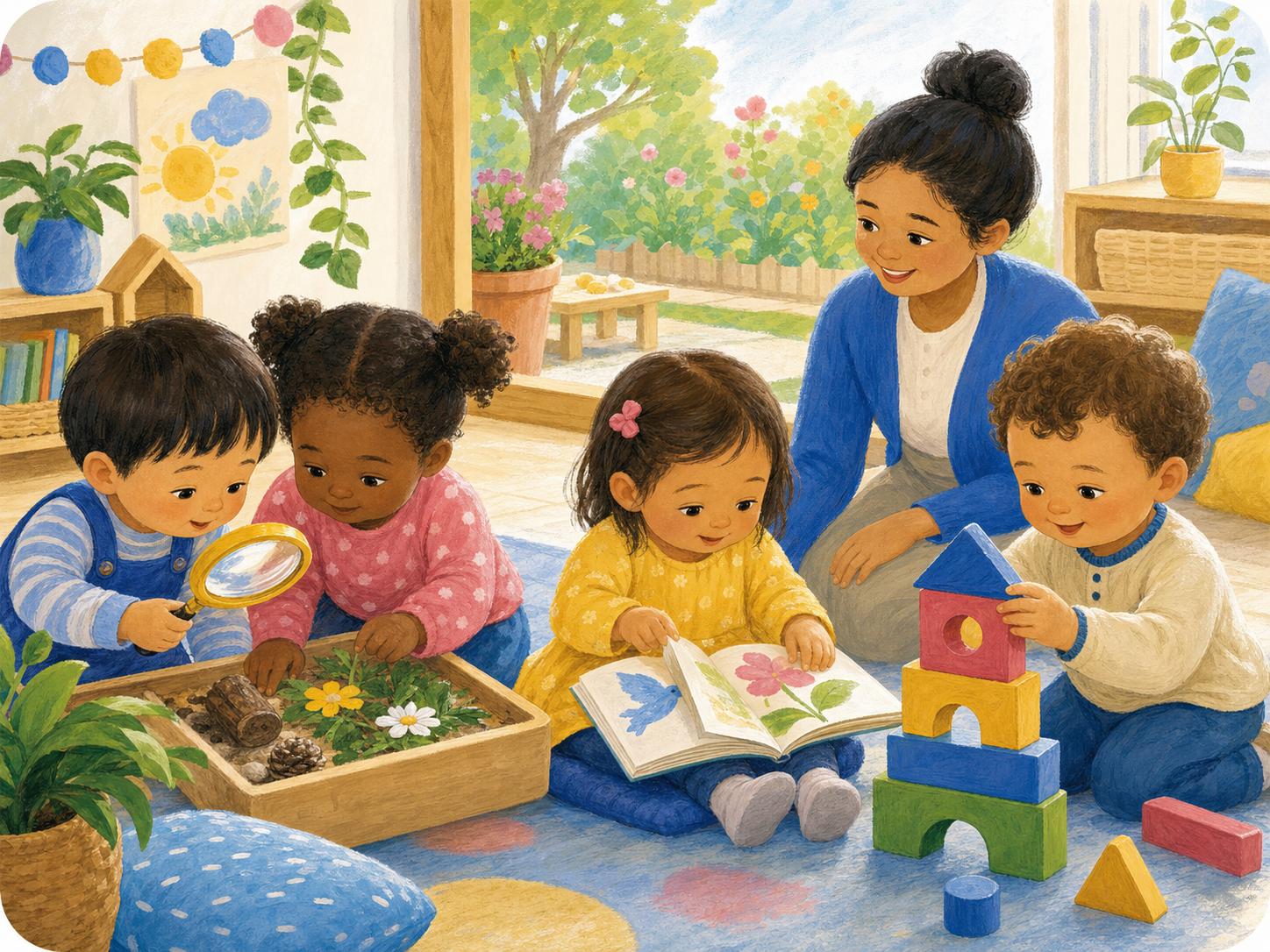 Young children exploring nature, books, and building materials with a caregiver